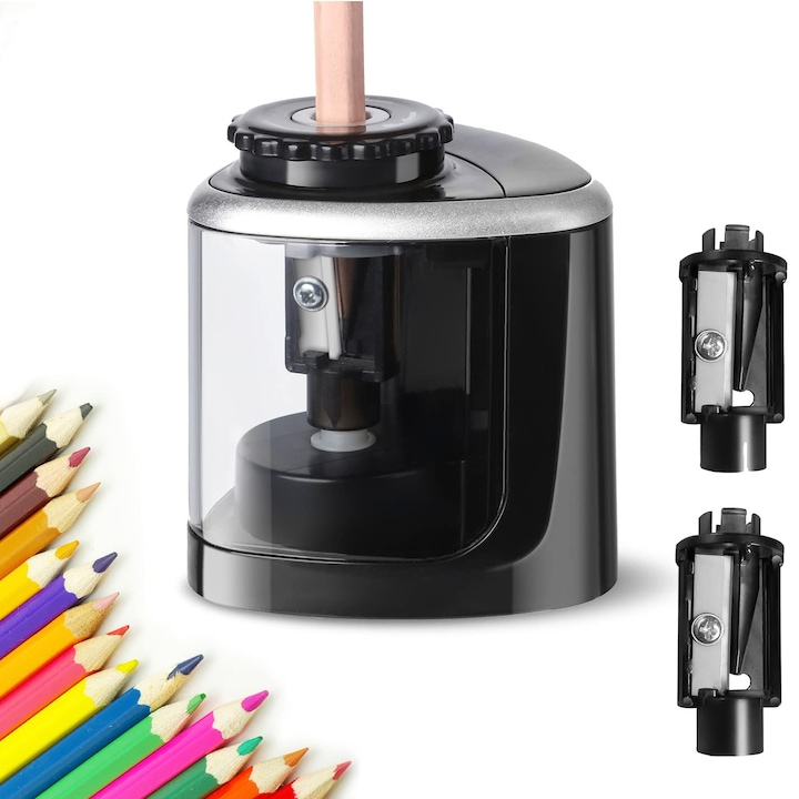 Ascutitoare electrica, Bedee, Utilizare dubla manuala si electrica, Pentru creioane, cu 2 Lama durabila, ABS, Ascutire rapida, Alimentata cu baterii, pentru copii, elevi, studenti, arhitecti, ingineri sau artisti, 6x6x7 cm, Negru