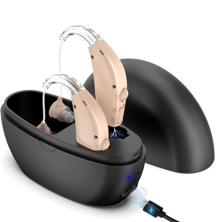 Aparat Auditiv reincarcabil, Bedee, cu acumulator H40, 128 dB Amplificator de sunet, Hipoacuzie Medie-Severa, Reducere inteligenta a zgomotului, 4 adaptoare ureche, incarcator si carcasa protectie incluse, Pornire cu un singur clic, Bej