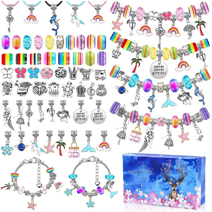 Творчески комплект за изработка на гривни и колиета, с мъниста и висулки, изработка на бижута, 112 части, за момичета, деца, многоцветен