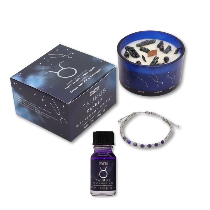 Set cadou Zodiacal Taur, Lumanare cu cristale, Bratara cu cristale naturale & Ulei aromatic 10 ml