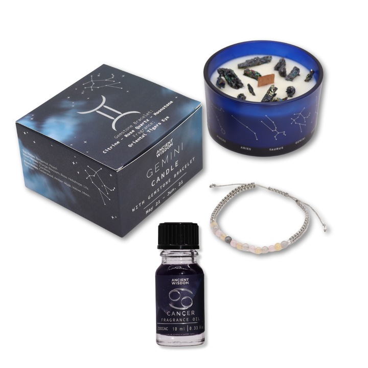 Set cadou Zodiacal Rac, Lumanare cu cristale, Bratara cu cristale naturale & Ulei aromatic 10 ml