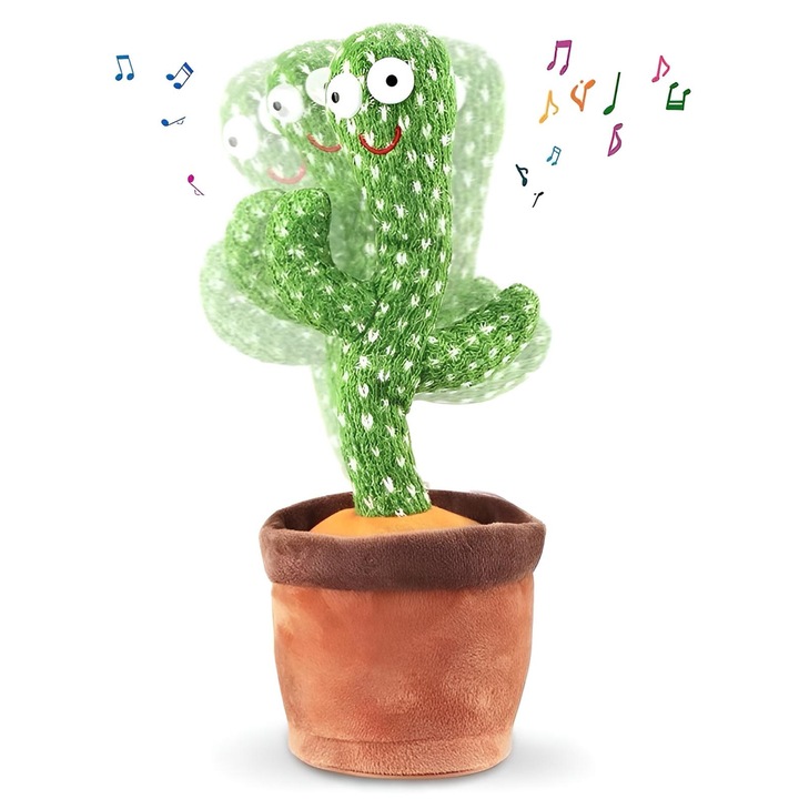 Cactus interactiv de plus cu încărcare USB, 30cm, jucărie care dansează și cântă