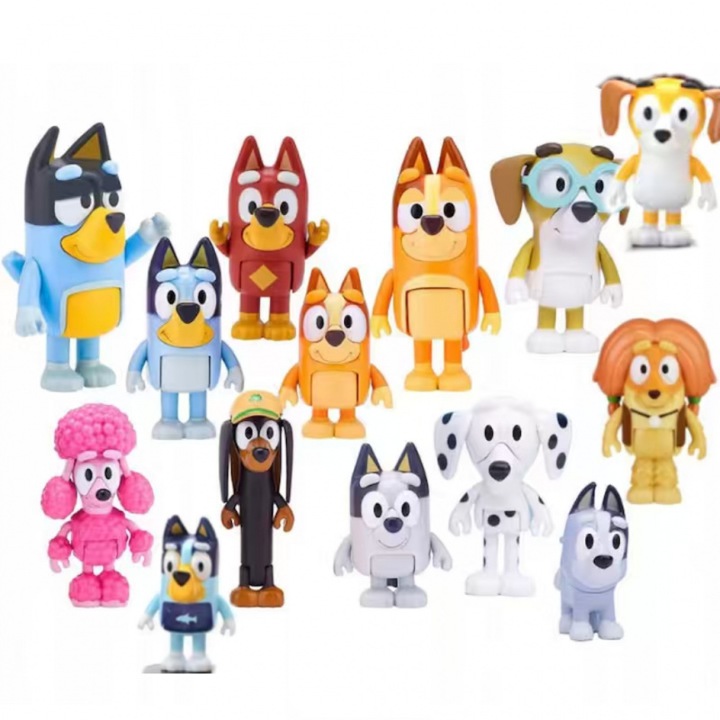 Set de jucării Bluey, AjieQaQ, 14 figurine PVC, culori vibrante, 5-9 cm