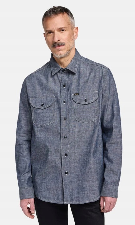 Camasa barbati, Lee, denim chambray, bumbac, albastru, maneca scurta, fermoar si nasturi, L INTL
