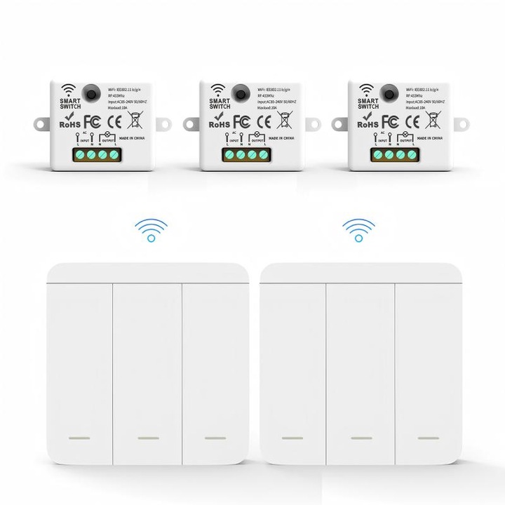 Vezeték nélküli kapcsolókészlet, 2 adóval + 3 vevővel, 10A, RF 433 MHz, távirányítós vezérlés, egyszerű telepítés, otthonra, irodába, garázsba - izzók és elektromos eszközök vezérlésére
