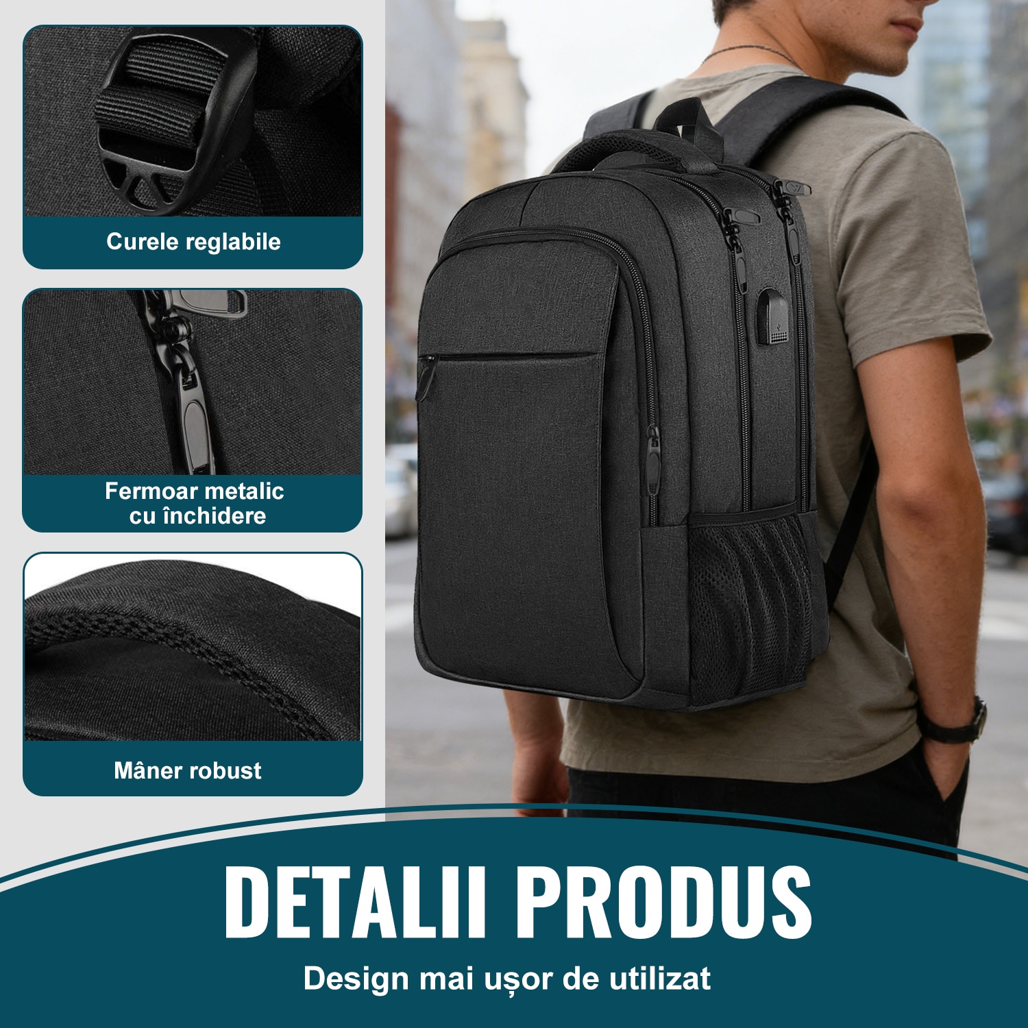 Rucsac Laptop, DEYKAY, Ghiozdan Voiaj cu port de incarcare USB, Compatibil cu laptop 16inch, Compartimente multiple, 30L, Sistem fixare pe valiza, Unisex, Potrivit pentru naveta, afaceri, Calatorii, Negru