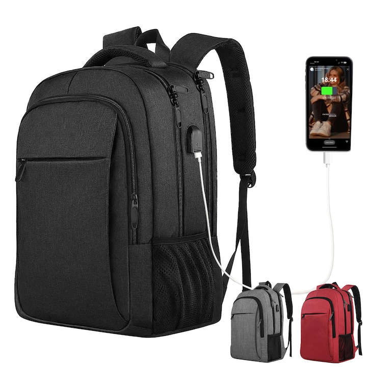 Rucsac Laptop, DEYKAY, Ghiozdan Voiaj cu port de incarcare USB, Compatibil cu laptop 16inch, Compartimente multiple, 30L, Sistem fixare pe valiza, Unisex, Potrivit pentru naveta, afaceri, Calatorii, Negru