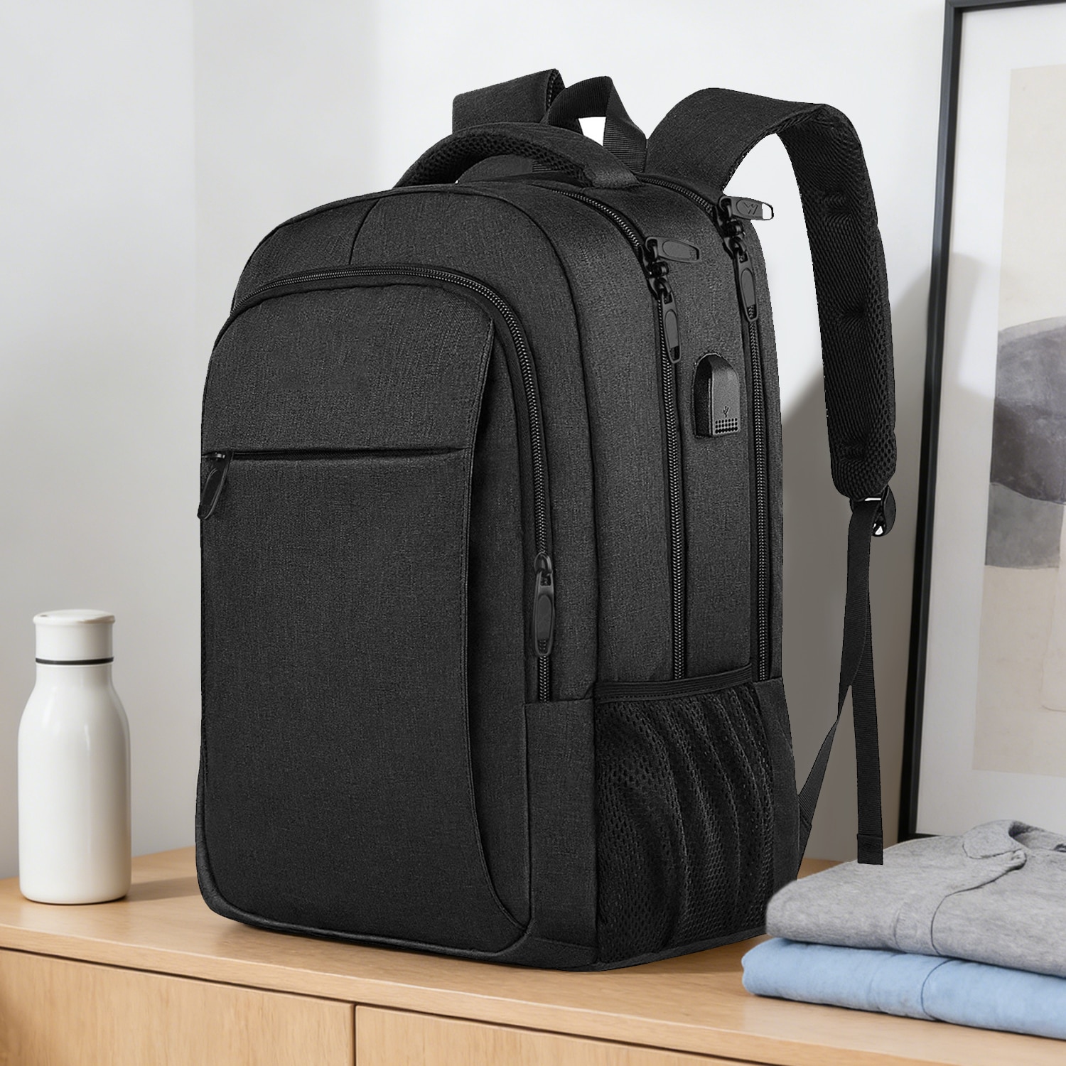 Rucsac Laptop, DEYKAY, Ghiozdan Voiaj cu port de incarcare USB, Compatibil cu laptop 16inch, Compartimente multiple, 30L, Sistem fixare pe valiza, Unisex, Potrivit pentru naveta, afaceri, Calatorii, Negru