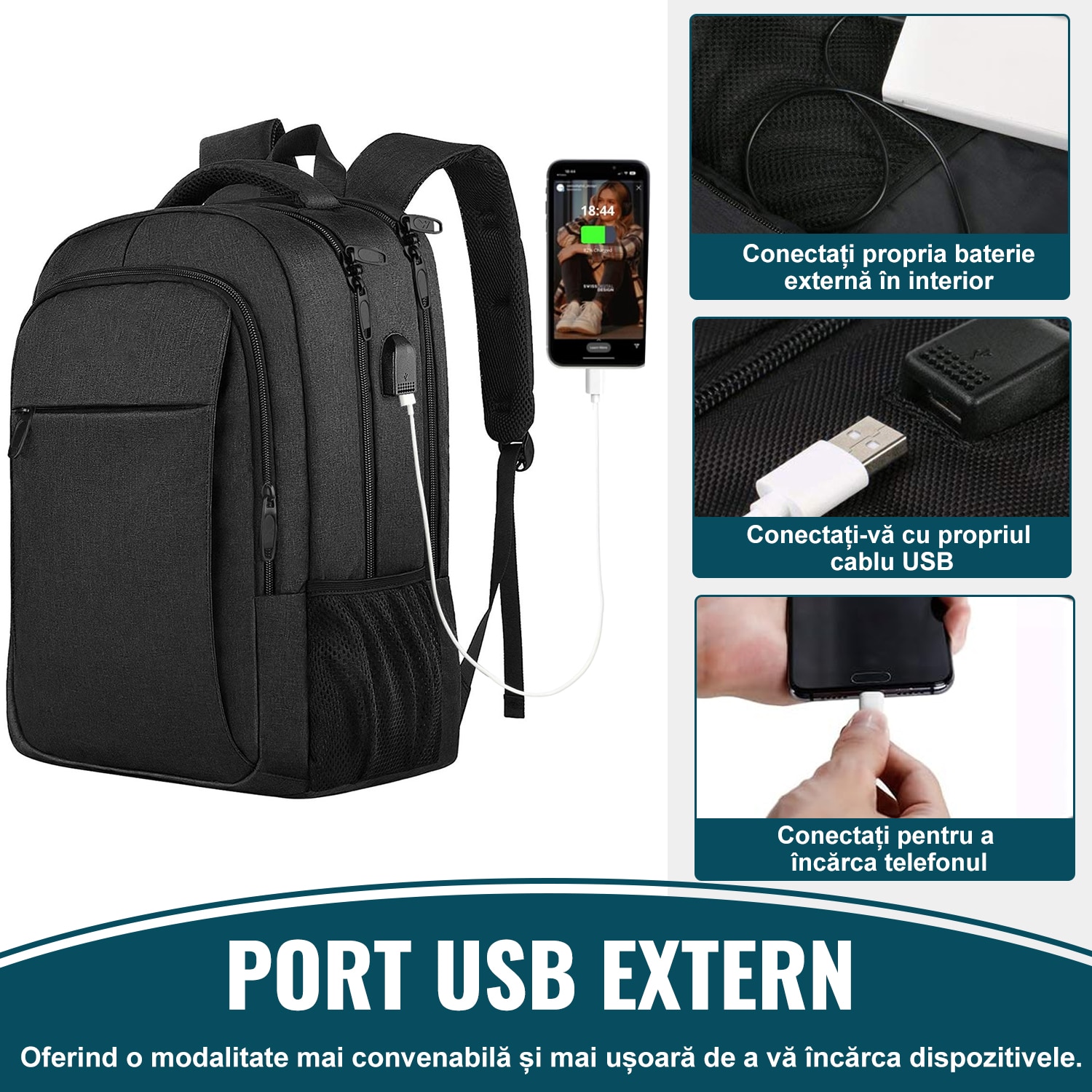 Rucsac Laptop, DEYKAY, Ghiozdan Voiaj cu port de incarcare USB, Compatibil cu laptop 16inch, Compartimente multiple, 30L, Sistem fixare pe valiza, Unisex, Potrivit pentru naveta, afaceri, Calatorii, Negru