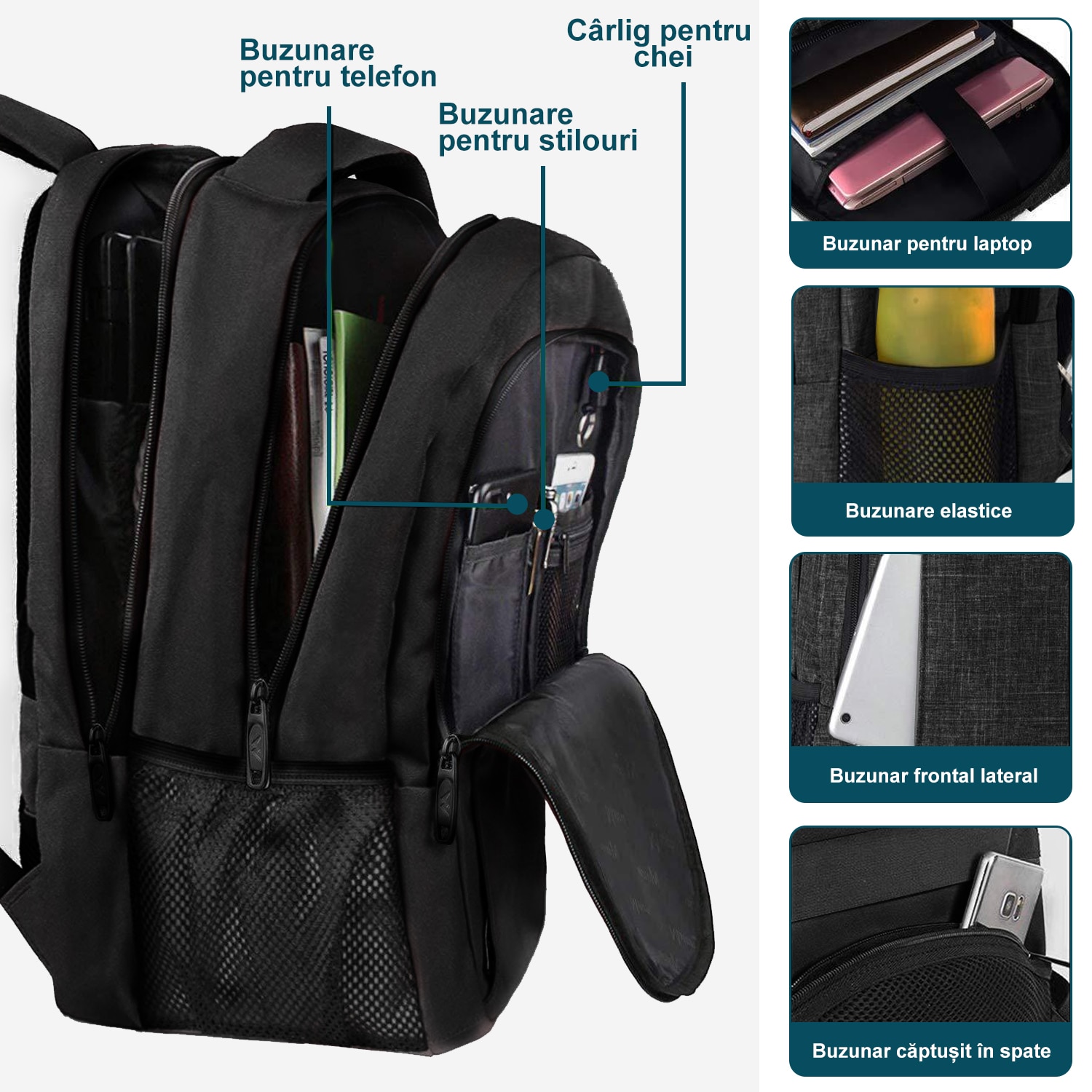 Rucsac Laptop, DEYKAY, Ghiozdan Voiaj cu port de incarcare USB, Compatibil cu laptop 16inch, Compartimente multiple, 30L, Sistem fixare pe valiza, Unisex, Potrivit pentru naveta, afaceri, Calatorii, Negru