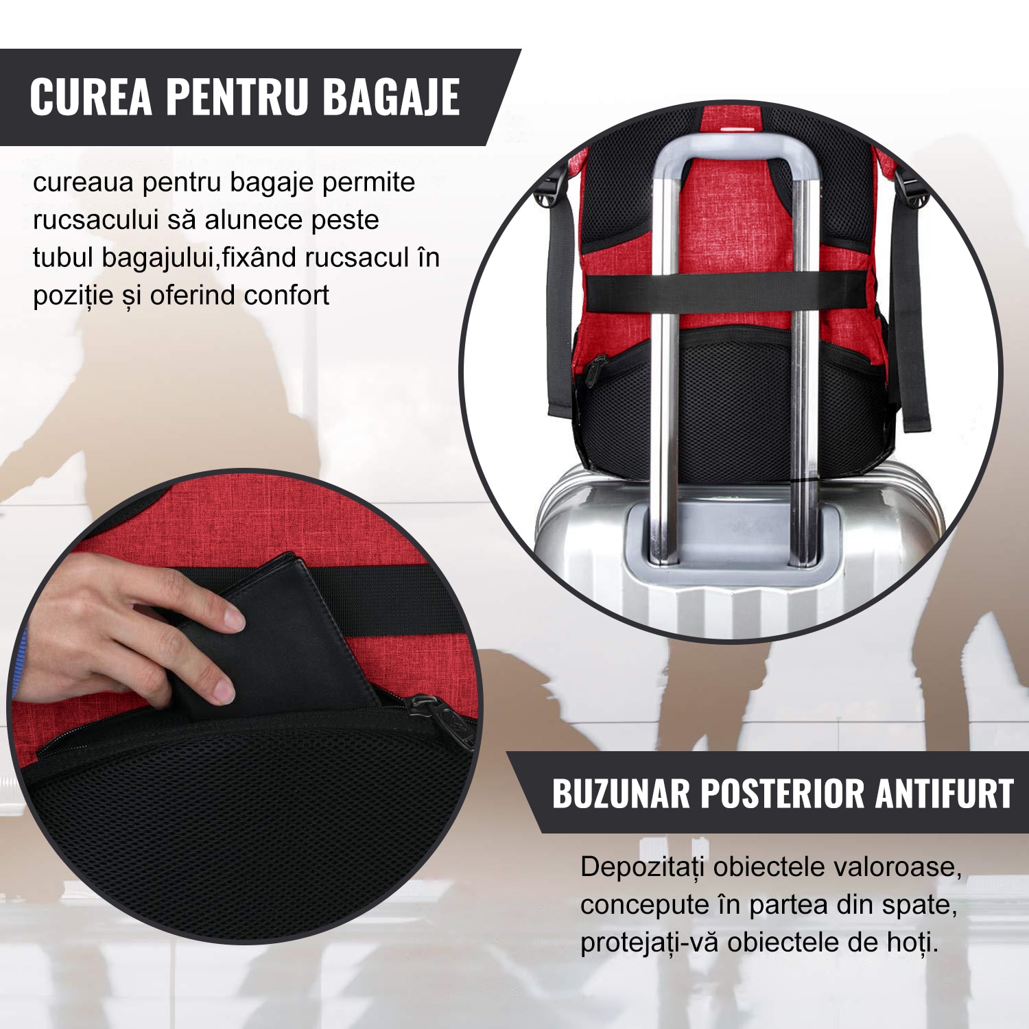 Rucsac Laptop, DEYKAY, Ghiozdan Voiaj cu port de incarcare USB, Compatibil cu laptop 16inch, Compartimente multiple, 30L, Sistem fixare pe valiza, Unisex, Potrivit pentru naveta, afaceri, Calatorii, Rosu
