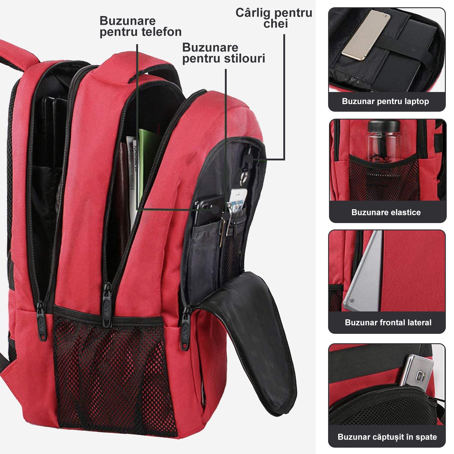 Rucsac Laptop, DEYKAY, Ghiozdan Voiaj cu port de incarcare USB, Compatibil cu laptop 16inch, Compartimente multiple, 30L, Sistem fixare pe valiza, Unisex, Potrivit pentru naveta, afaceri, Calatorii, Rosu