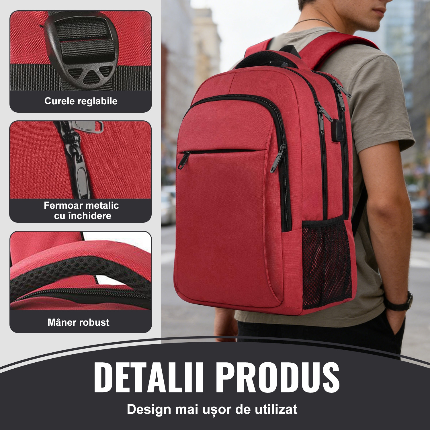 Rucsac Laptop, DEYKAY, Ghiozdan Voiaj cu port de incarcare USB, Compatibil cu laptop 16inch, Compartimente multiple, 30L, Sistem fixare pe valiza, Unisex, Potrivit pentru naveta, afaceri, Calatorii, Rosu