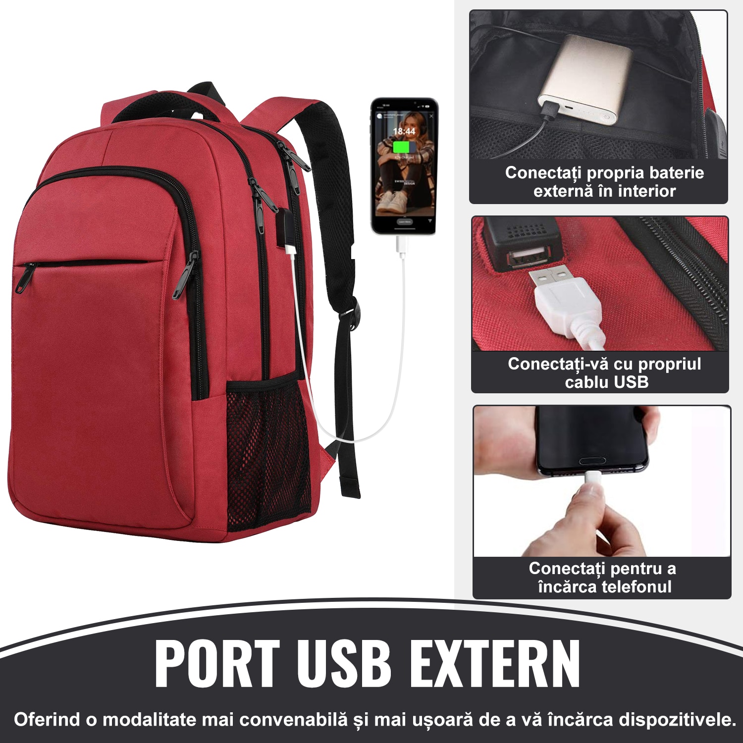 Rucsac Laptop, DEYKAY, Ghiozdan Voiaj cu port de incarcare USB, Compatibil cu laptop 16inch, Compartimente multiple, 30L, Sistem fixare pe valiza, Unisex, Potrivit pentru naveta, afaceri, Calatorii, Rosu