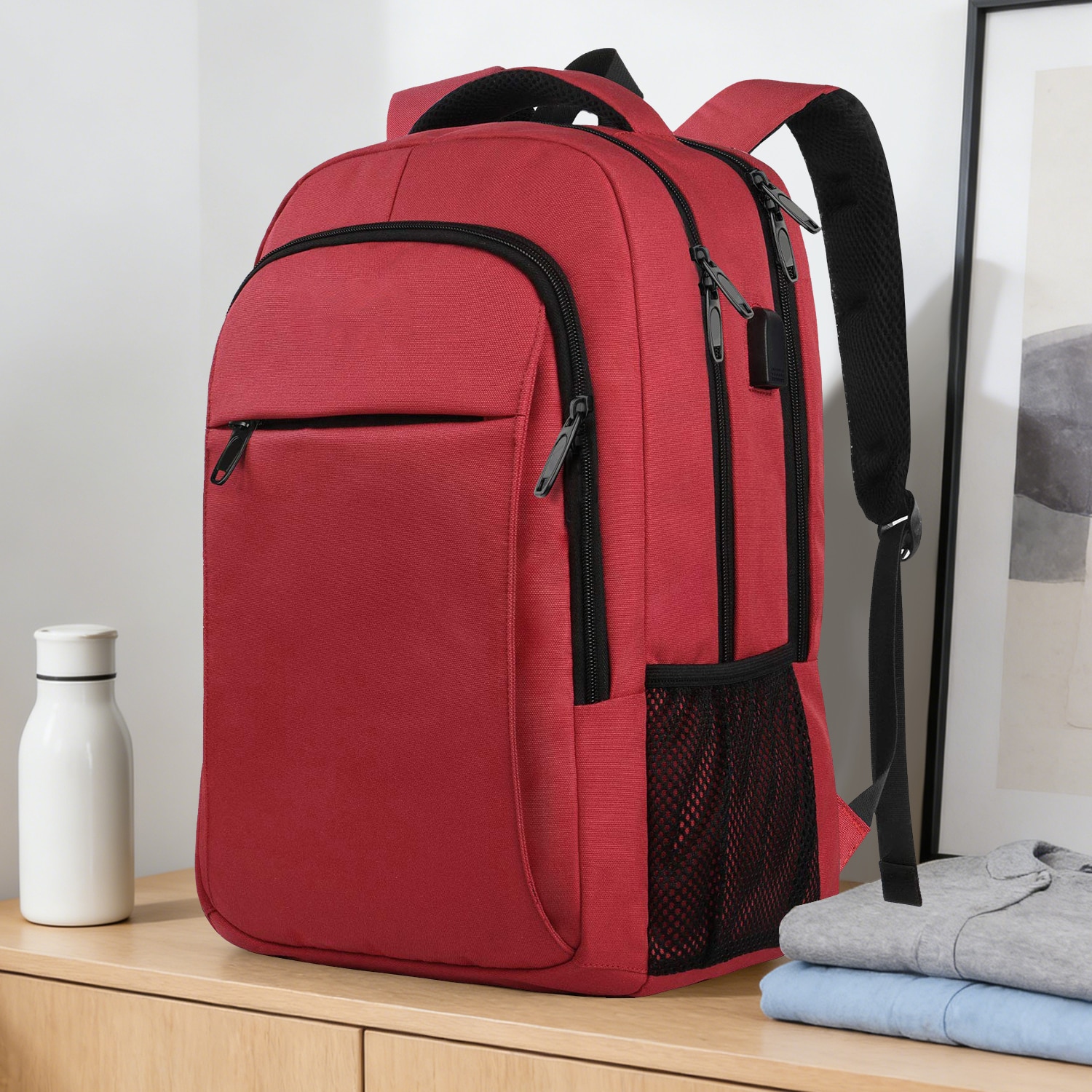 Rucsac Laptop, DEYKAY, Ghiozdan Voiaj cu port de incarcare USB, Compatibil cu laptop 16inch, Compartimente multiple, 30L, Sistem fixare pe valiza, Unisex, Potrivit pentru naveta, afaceri, Calatorii, Rosu