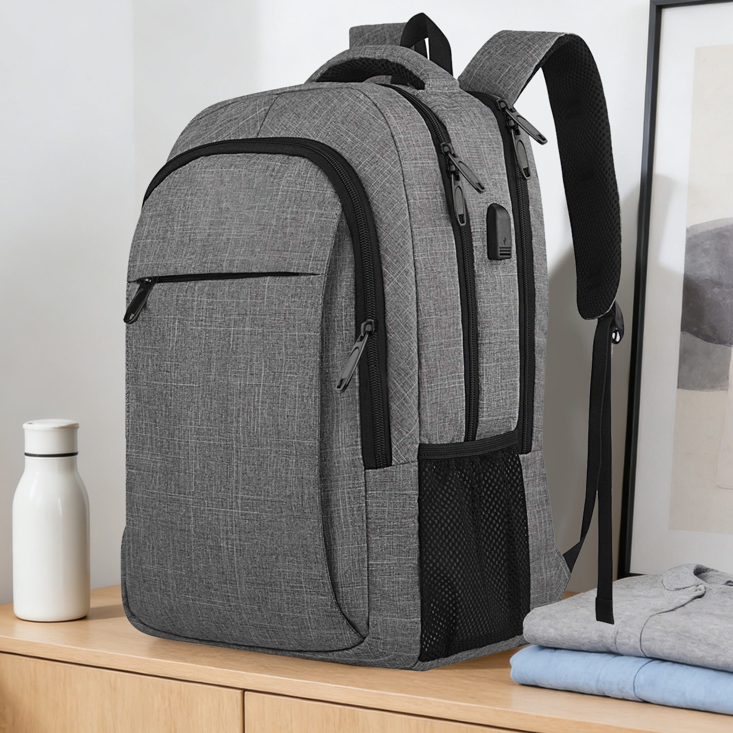 Rucsac Laptop, DEYKAY, Ghiozdan Voiaj cu port de incarcare USB, Compatibil cu laptop 16inch, Compartimente multiple, 30L, Sistem fixare pe valiza, Unisex, Potrivit pentru naveta, afaceri, Calatorii, Gri