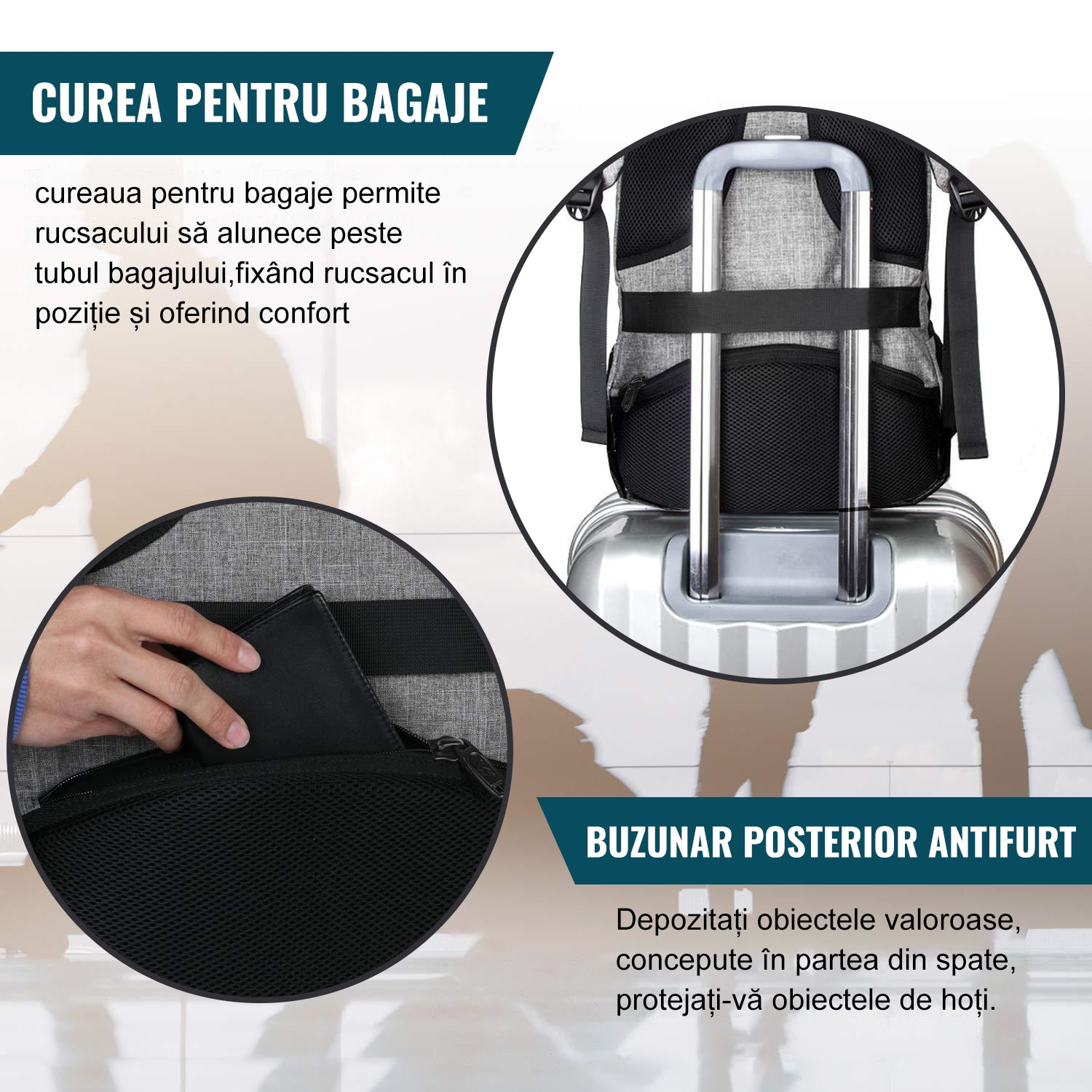 Rucsac Laptop, DEYKAY, Ghiozdan Voiaj cu port de incarcare USB, Compatibil cu laptop 16inch, Compartimente multiple, 30L, Sistem fixare pe valiza, Unisex, Potrivit pentru naveta, afaceri, Calatorii, Gri