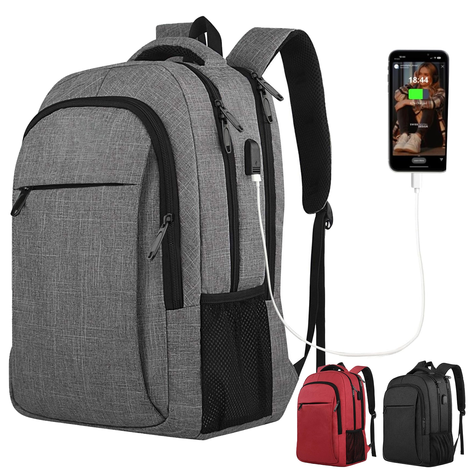 Rucsac Laptop, DEYKAY, Ghiozdan Voiaj cu port de incarcare USB, Compatibil cu laptop 16inch, Compartimente multiple, 30L, Sistem fixare pe valiza, Unisex, Potrivit pentru naveta, afaceri, Calatorii, Gri