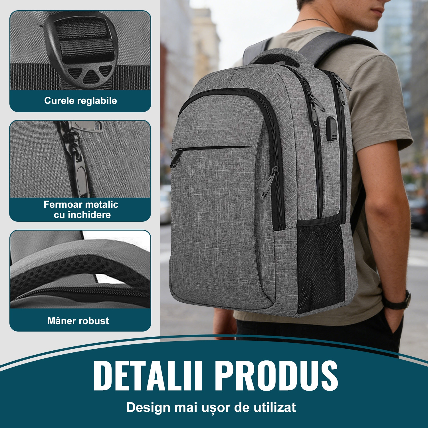 Rucsac Laptop, DEYKAY, Ghiozdan Voiaj cu port de incarcare USB, Compatibil cu laptop 16inch, Compartimente multiple, 30L, Sistem fixare pe valiza, Unisex, Potrivit pentru naveta, afaceri, Calatorii, Gri