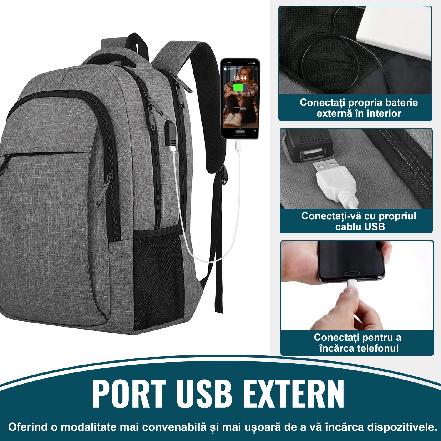Rucsac Laptop, DEYKAY, Ghiozdan Voiaj cu port de incarcare USB, Compatibil cu laptop 16inch, Compartimente multiple, 30L, Sistem fixare pe valiza, Unisex, Potrivit pentru naveta, afaceri, Calatorii, Gri