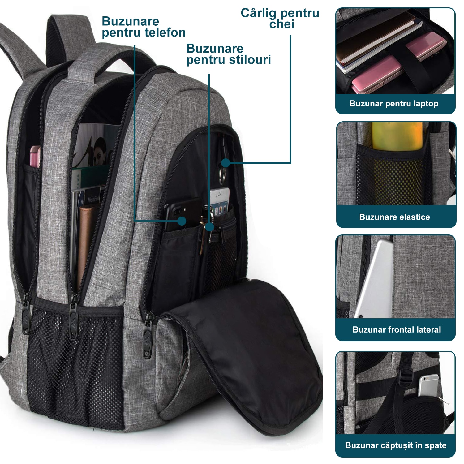 Rucsac Laptop, DEYKAY, Ghiozdan Voiaj cu port de incarcare USB, Compatibil cu laptop 16inch, Compartimente multiple, 30L, Sistem fixare pe valiza, Unisex, Potrivit pentru naveta, afaceri, Calatorii, Gri
