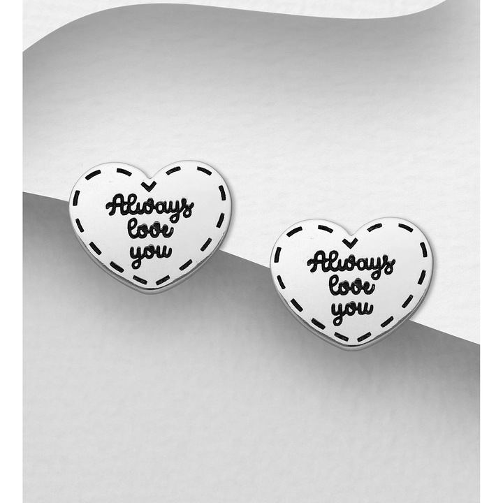 Cercei din argint model inima cu mesaj Always Love You