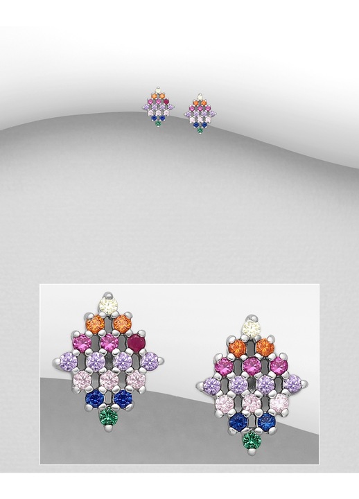 Cercei mici din argint model romb cu cristale colorate