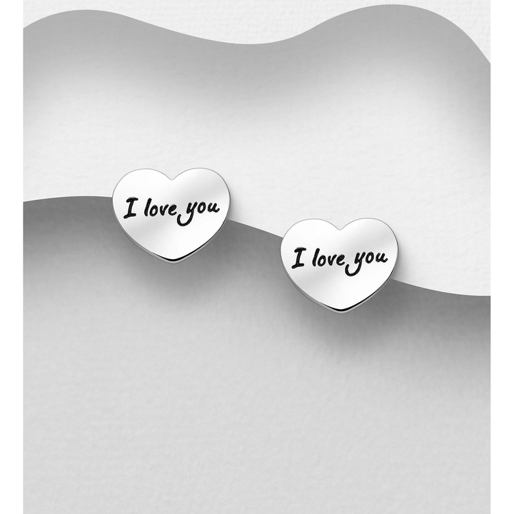 Cercei mici din argint model inima si mesaj I Love You