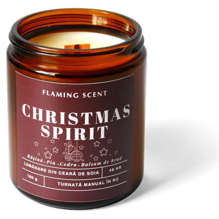 Lumanare parfumata din Soia cu fitil din lemn, Flaming Scent, Smells Like Christmas, handmade, ceara naturala, ardere 48 h, 180 g