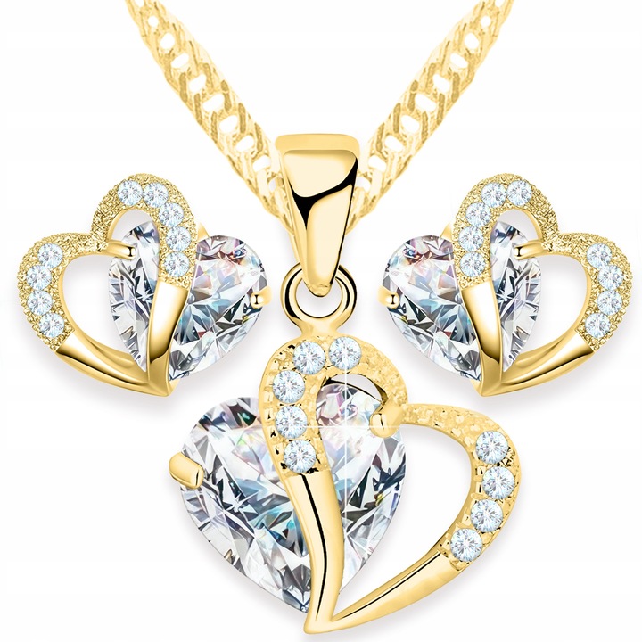 Set Colier si Cercei Inima de Cristal Rosie, Larezo, 100% Argint 925 placat cu aur, Idee de Cadou Perfecta, Ambalat in Cutie Decorativa, Certificat de Autenticitate, 1.2 x 45 cm, Auriu