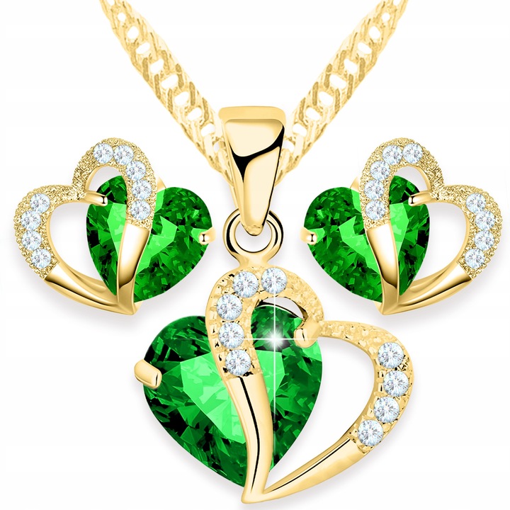 Set Colier si Cercei Inima de Cristal Roz, Larezo, 100% Argint 925 placat cu aur, Idee de Cadou Perfecta, Ambalat in Cutie Decorativa, Certificat de Autenticitate, 1.2 x 45 cm, Auriu