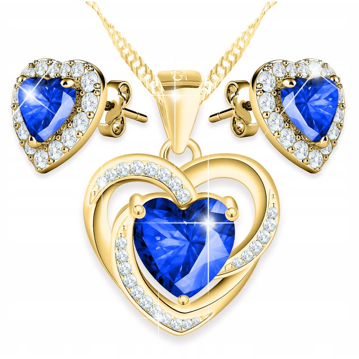 Set Colier si Cercei Inima Roz Zirconii, Larezo, 100% Argint 925 placat cu aur, Idee de Cadou Perfecta, Ambalat in Cutie Decorativa, Certificat de Autenticitate, 1.3 x 45 cm, Auriu