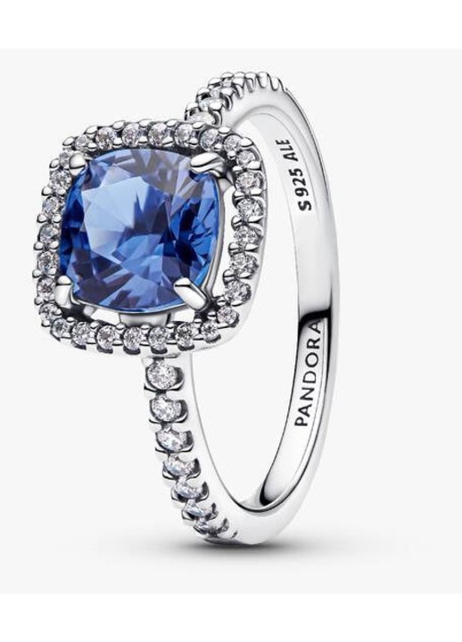 Inel Pandora cu halo albastru patrat impozant stralucitor Pave Zirconiu din Argint 925 - 54