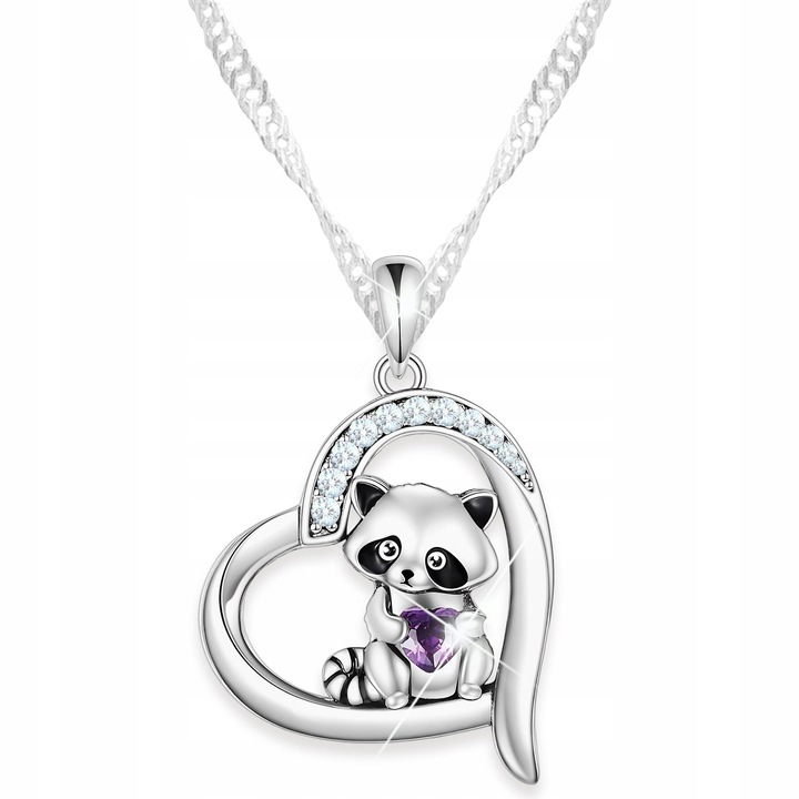 Colier Raton Inima Cristal Violet Animalut, Larezo, 100% Argint 925, Idee de Cadou Perfecta, Ambalat in Cutie Decorativa, Certificat de Autenticitate, 2.3 x 45 cm, Argintiu
