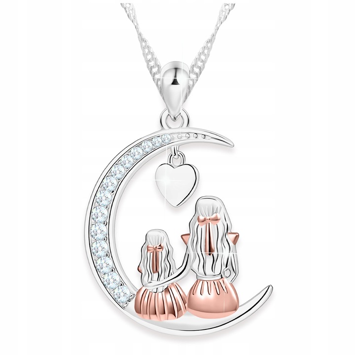 Colier Mama cu Copil Inima Semiluna, Larezo, 100% Argint 925, Idee de Cadou Perfecta, Ambalat in Cutie Decorativa, Certificat de Autenticitate, 2.5 x 45 cm, Argintiu