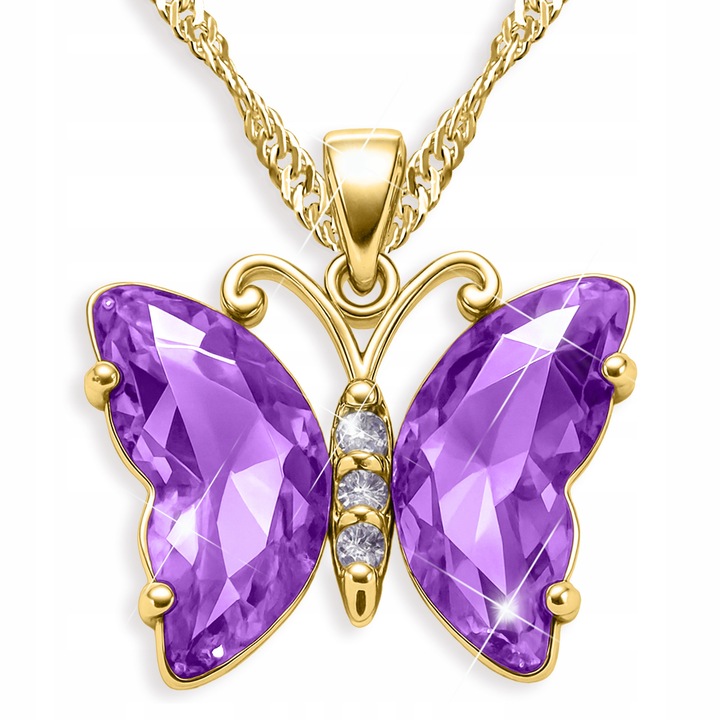 Colier Fluture cu Cristal Fluturas Violet Fluturas, Larezo, 100% Argint 925 placat cu aur, Idee de Cadou Perfecta, Ambalat in Cutie Decorativa, Certificat de Autenticitate, 2 x 45 cm, Auriu