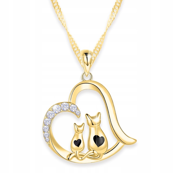 Colier cu Pisicute Inima Inimioara Pisica Pisicuta Pisici Cat, Larezo, 100% Argint 925 placat cu aur, Idee de Cadou Perfecta, Ambalat in Cutie Decorativa, Certificat de Autenticitate, 1.7 x 45 cm, Auriu