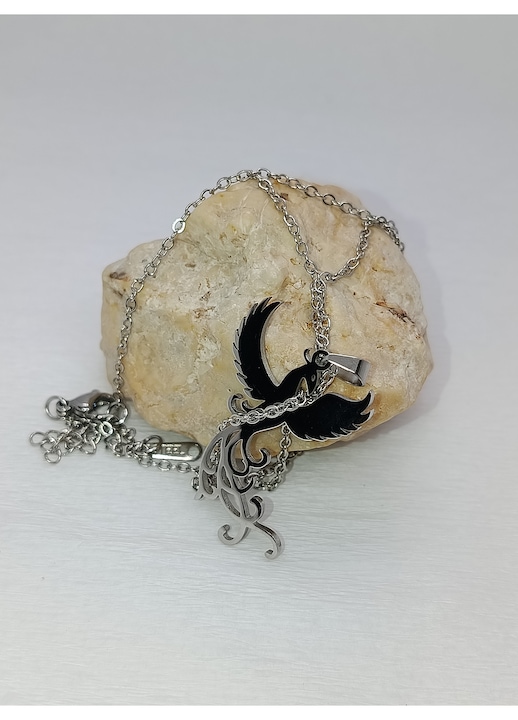 Colier Inox 304L Argintiu, cu Pandantiv Pasare Phoenix Stilizat, Modern, Lantisor 45 cm, Rezistent si Hipoalergenic