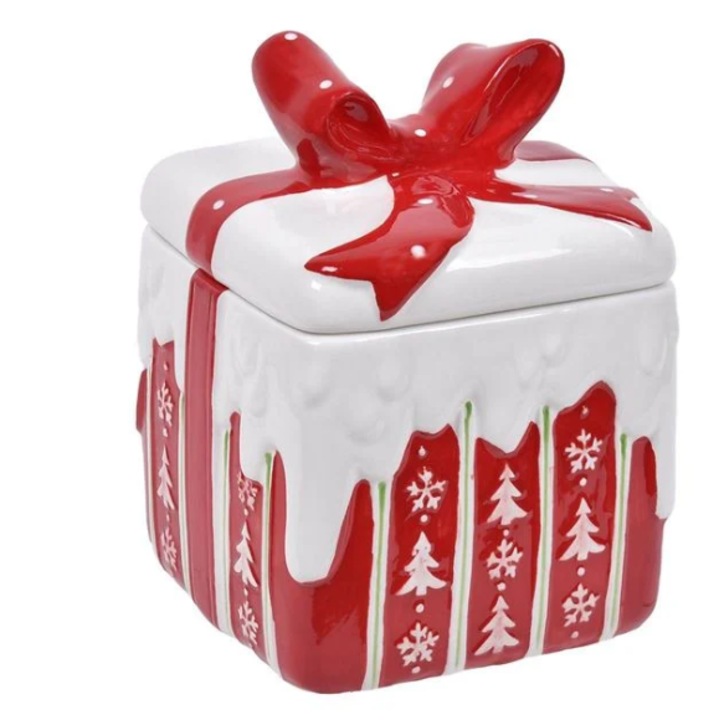 Recipient Ceramic AB HOMES pentru Biscuiti 14x20, 5cm, Patrat in Forma de Cadou cu Fundita, Decor Festiv de Craciun