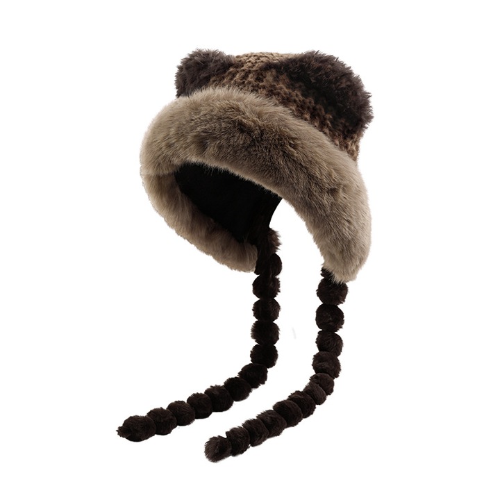 Caciula din plus cu urechi de urs, maro, M 56-58cm