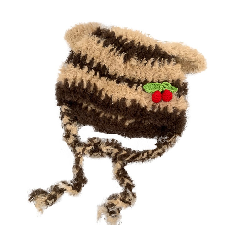 Caciula dama cu dungi, captusita, cafeniu/bej, M 56-58cm