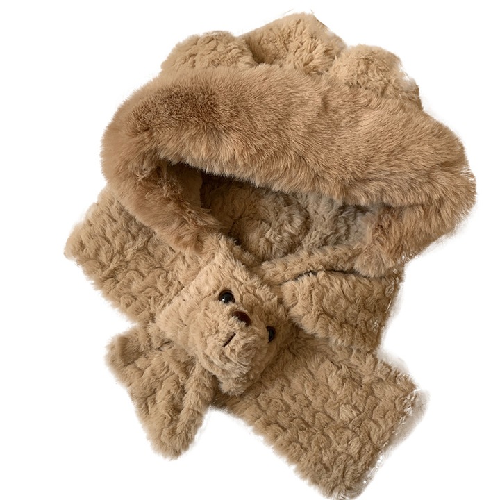 Caciula si fular din plus cu urechi de urs, maro, M (56-58cm)