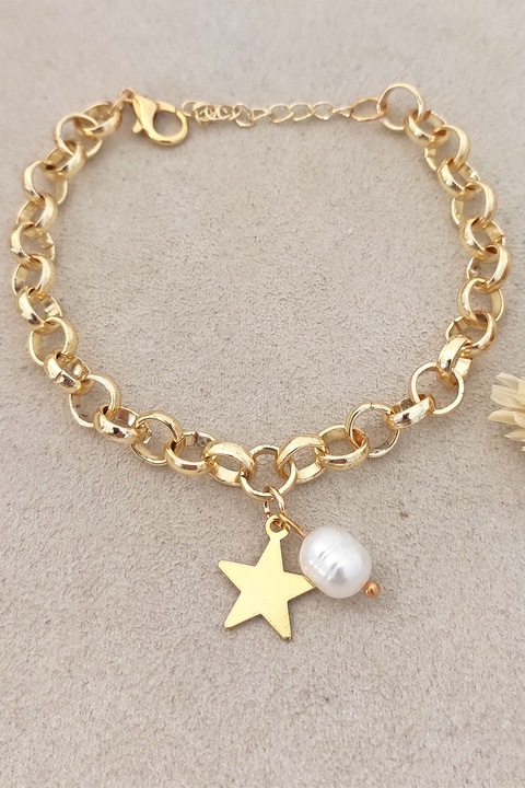 Atelier Miu, Bratara de lant cu perla si talisman stea, Auriu, Alb optic