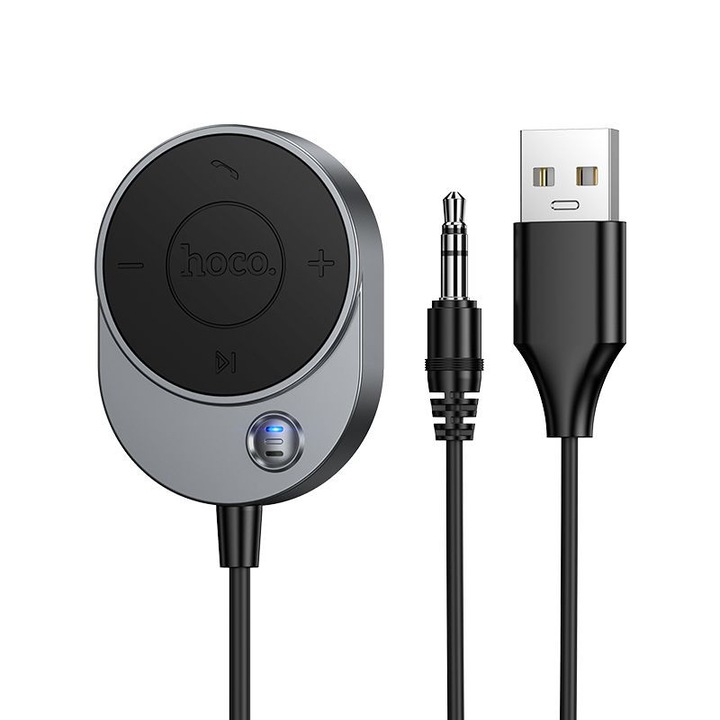 Hoco E150 Bluetooth AUX vevő autóba – 1.5m kábel, receiver, kihangosító, szürke
