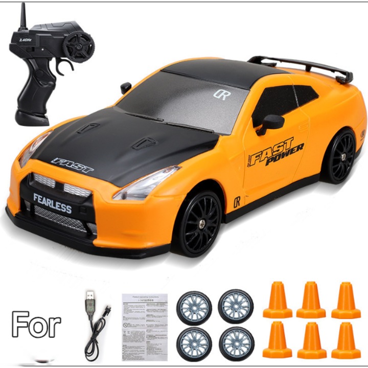 Masinuta de drift cu telecomanda 1:24, viteza mare, 2.4GHz, LED-uri, culoare galbena