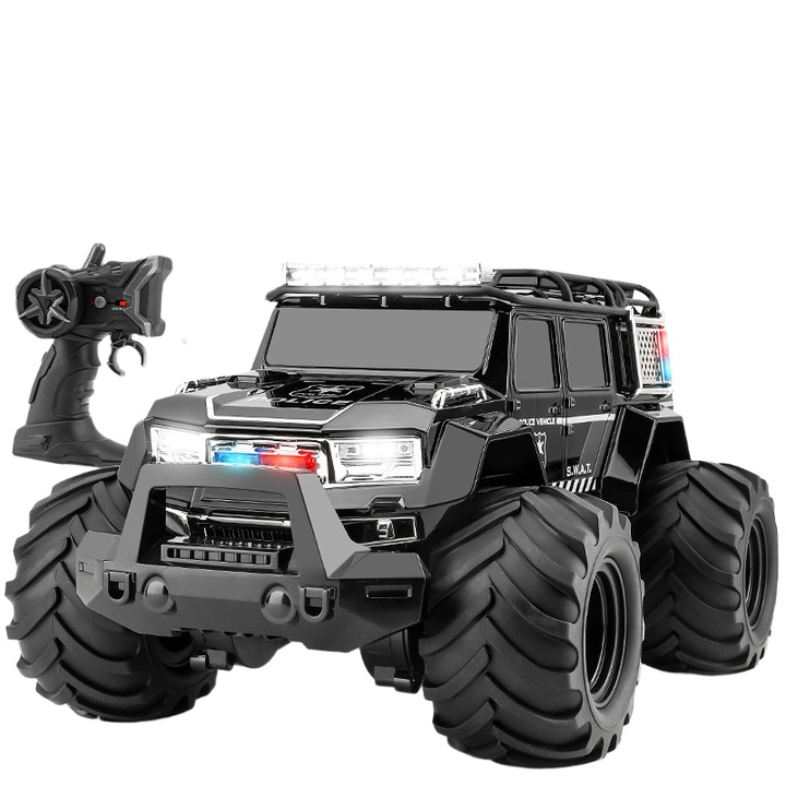 Masinuta de politie cu telecomanda, impermeabila, amphibie, 4x4, neagra, pentru copii 6-12 ani