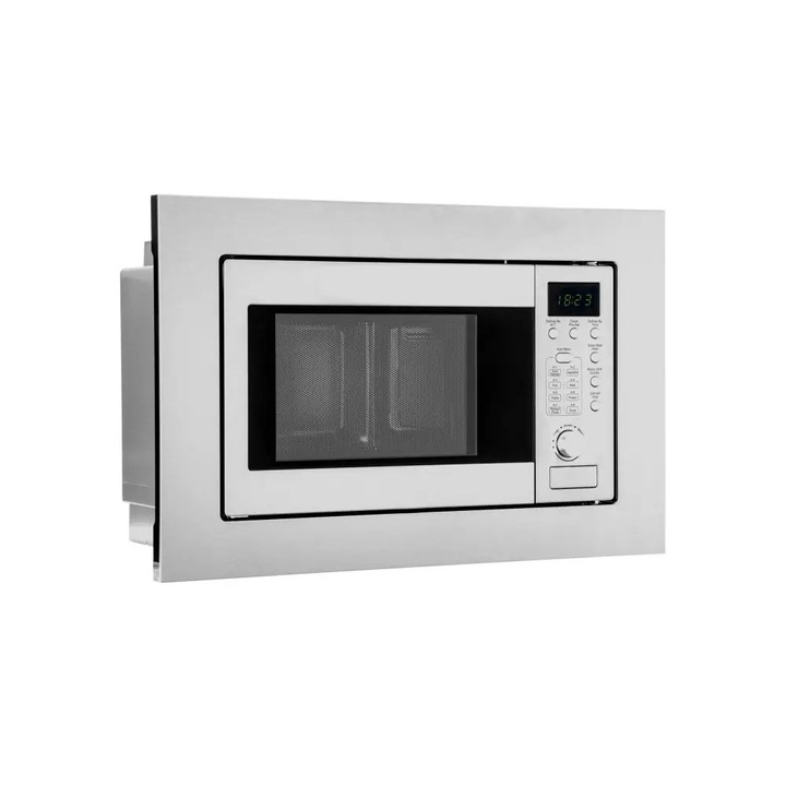 Cuptor cu microunde incorporabil Bomann, 20 litri, 7 trepte putere, 8 programe automate, functie grill, program decongelare, timer integrat, semnal sonor, panou control mecanic, suport grill inclus, sistem deschidere Push to Open, 800/1000 W, inox