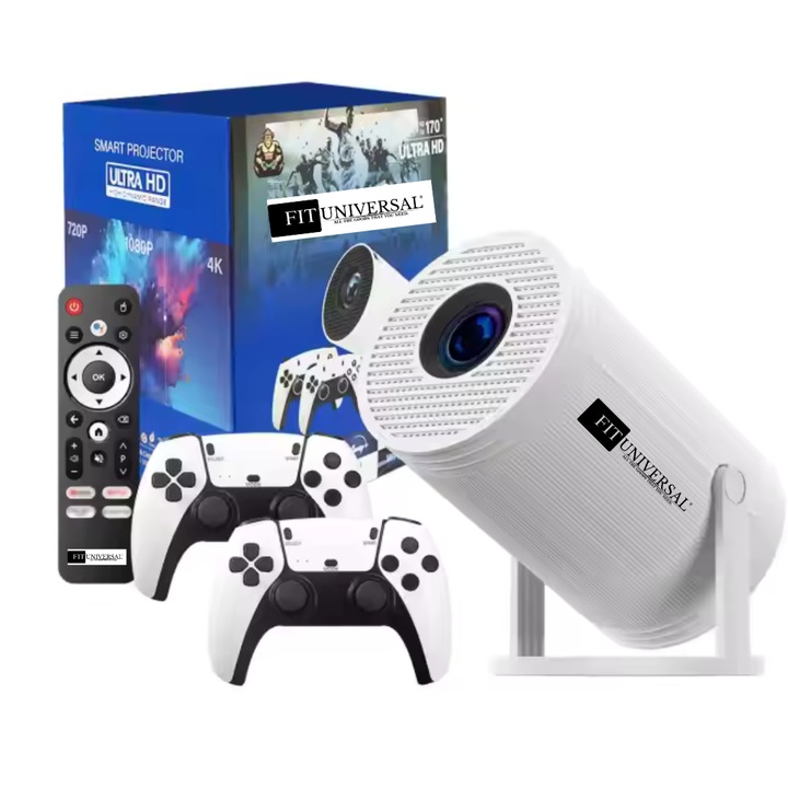 Fituniversal Smart LED hordozható videóprojektor, játékkonzollal, UHD 4K támogatás, Android 11, Autofókusz, Wifi 6, 170 ANSI, 6000 Lumen, WiFi 6, BT 5.0, Állítható vetítés, Képernyőtükrözés iOS /Android, 2 GB RAM, 16 GB, 180 fokos elforgatás