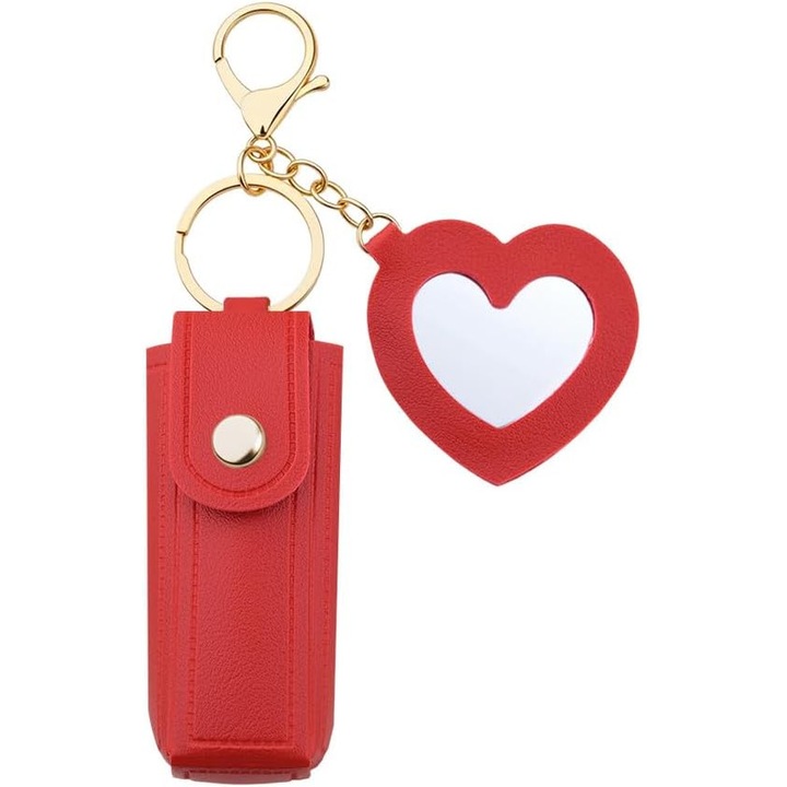 Kulcstartó tükörrel, piros, kozmetikai táskára, 10 cm