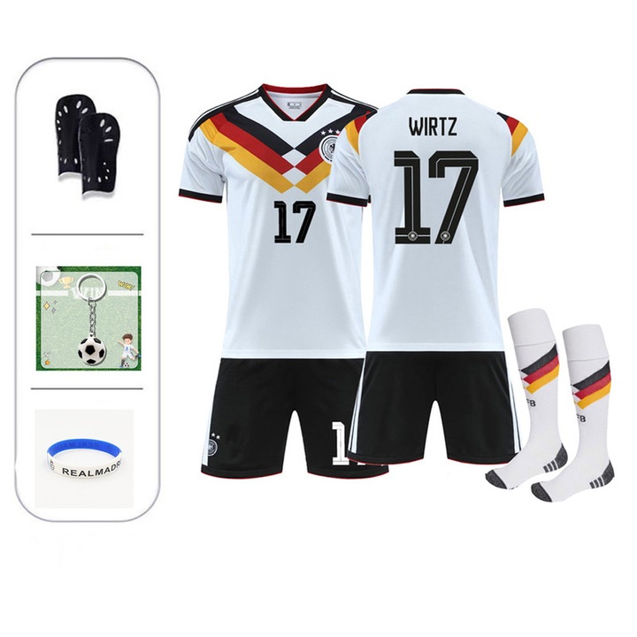 Детски спортен екип 2026 Вирц, Футболна фланелка Германия No. 17, ANTCOOL®, Дишаща материя, Полиестер, Бял, Бял